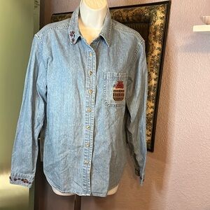 CJ Banks Denim Shirt -Button Up Embroidered/ buttons trim Sz M